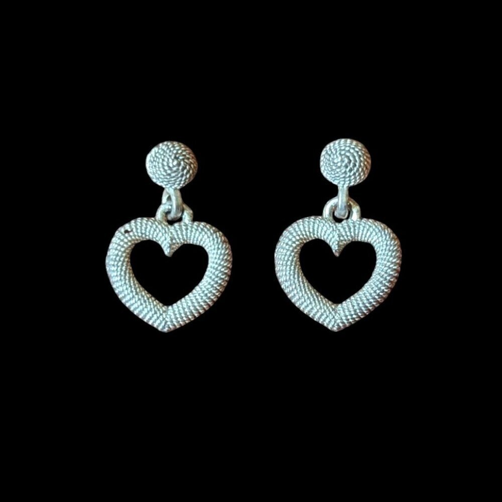 Vintage Open Heart Drop Earrings Textured Silver Dangle Stud Victorian‎